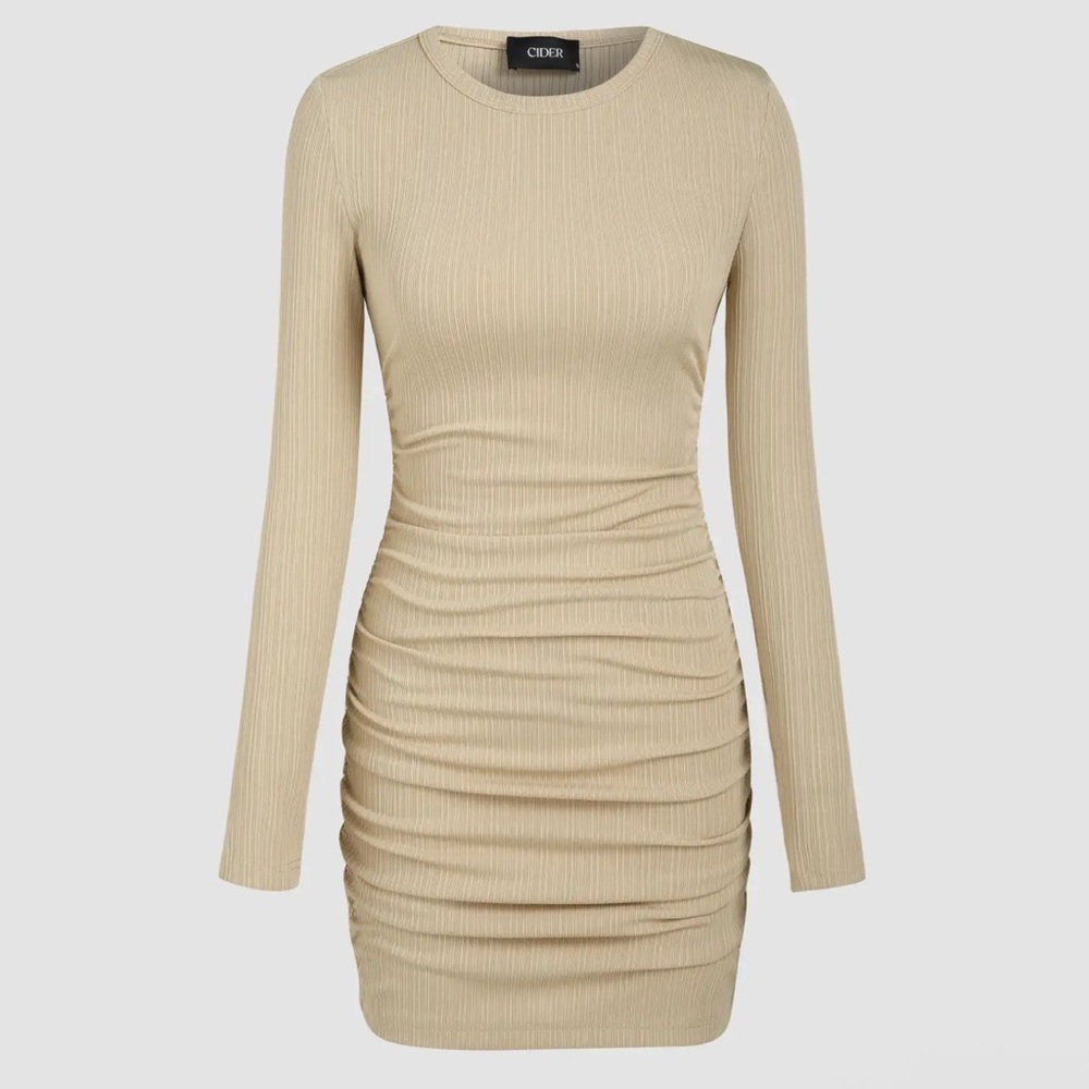 CIDER ROUND NECKLINE RUCHED LONG SLEEVE MINI DRESS
